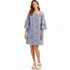 Betsey Johnson Off Shoulder Navy Stripe Embroidered Dress Ruffle Sleeve Sz 6 💛